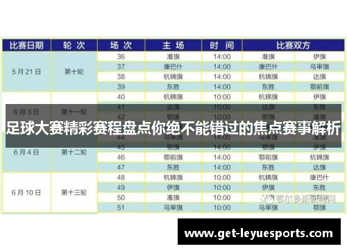 足球大赛精彩赛程盘点你绝不能错过的焦点赛事解析