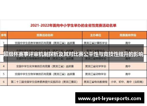 超级杯赛事评审机制探析及其对比赛公平性与竞技性提升的影响